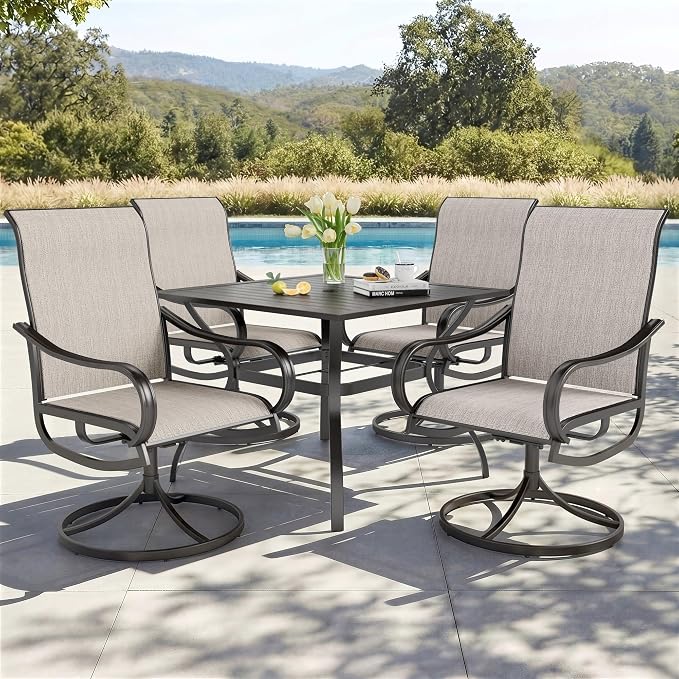 PHI VILLA 5 PCS Patio Dining Set with Outdoor Swivel Dining Chairs (Gray) and 37"x 37" Metal Steel Dining Table, All Weather Patio Dining Furniture Set for Poolside Deck Lawn Garden by PHIVILLA