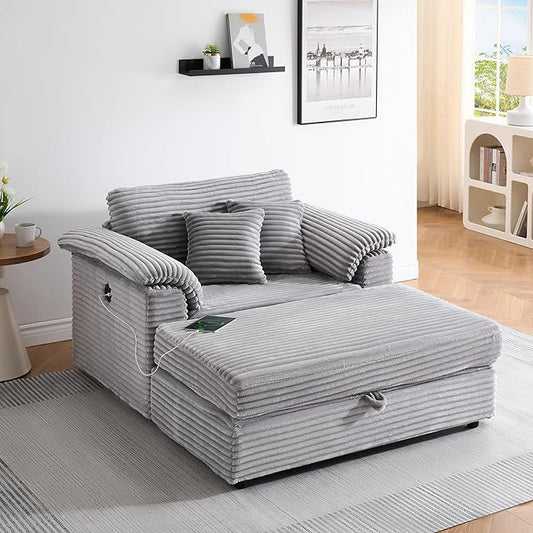 KEIKI 47.24 inch Corduroy Sofa, Corduroy Armchair with Storage Feet, 2 Throw Pillows, Sleeper Couch for Living Room, Apartment, Salon, Home Theater, Gray