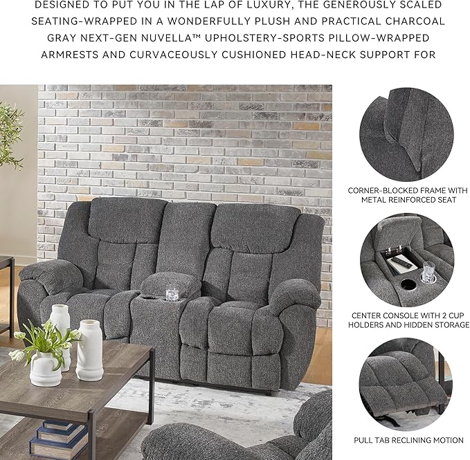 Signature Design by Ashley Foreside Contemporary Stain Resistant Manual Double Reclining Loveseat with Console, Storage and Cup Holders, Gray