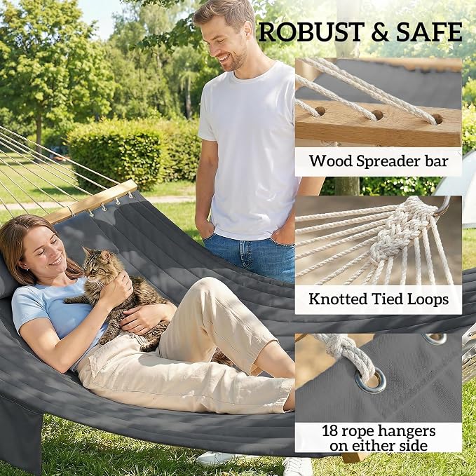 Outsunny Outdoor Hammock, 2-Person Hammock with Head Pillow and Pad, Wood Spreader Bars, 440 lbs Capacity, for Patio Yard Garden, 128" x 55", Gray - Image 5