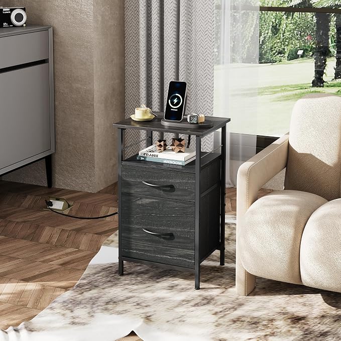 WLIVE Nightstand with Charging Station, Side Table with 2 Fabric Drawers, End Tables for Bedroom, Small Dresser, USB Ports and Outlets, Charcoal Black - Image 2
