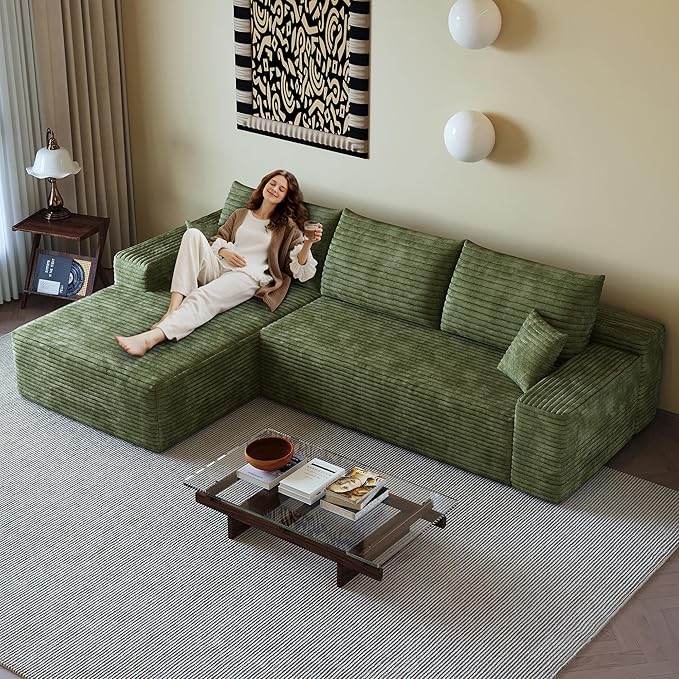 107" Boneless Couch with L Shaped Chaise, Plush Corduroy Sleeper Sectional Sofa, Deep Seat Comfy Couches for Living Room Bedroom, Compressed Foam Cloud Sofas, No Assembly, Left Facing Chaise, Green