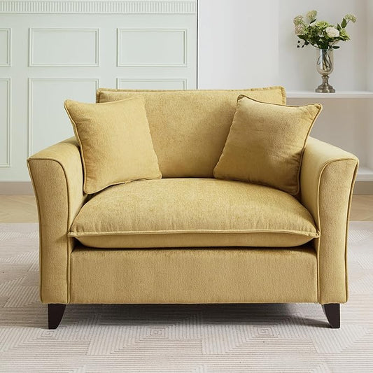 46.3 Inch Oversized Armchair Chenille Fabric Chair and a Half Single Sofa with Pillow Removable Washable Covers Rubberwood Legs Ruffled Armrests for Living Room Bedroom Office Apartment, Yellow