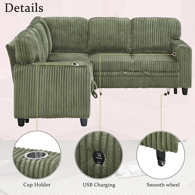 81" Modular Sectional Sofa, L-Shaped Convertible Sectional Sleeper Sofa Bed with Pull Out Bed, Storage Chaise, USB & Type-C Charging, 5-Seat Corduroy Couch for Living Room Apartment, Green