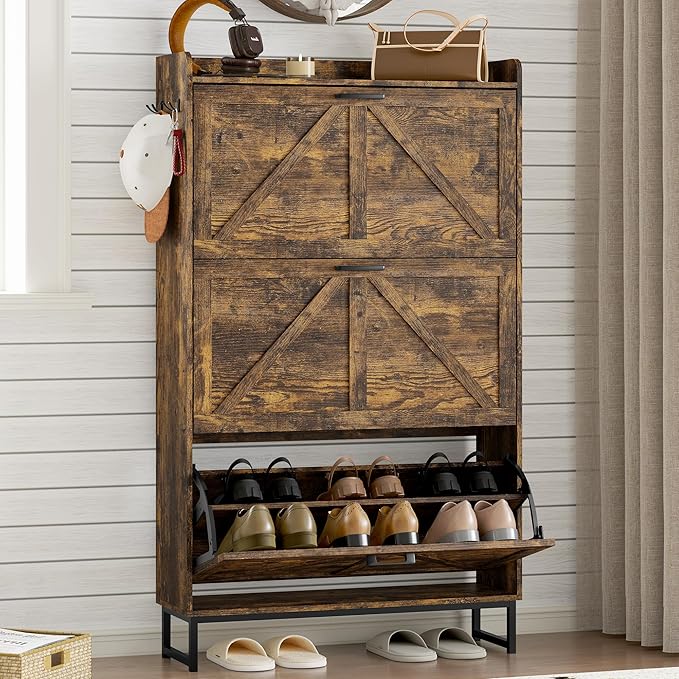 BORNOON Shoe Cabinet with 3 Flip Drawers Narrow Shoe Storage Cabinet Organizer Wooden Freestanding Shoe Rack Hidden Slim Shoes Storage Cabinet for Entryway, Hallway, Living Room, Bedroom by BORNOON