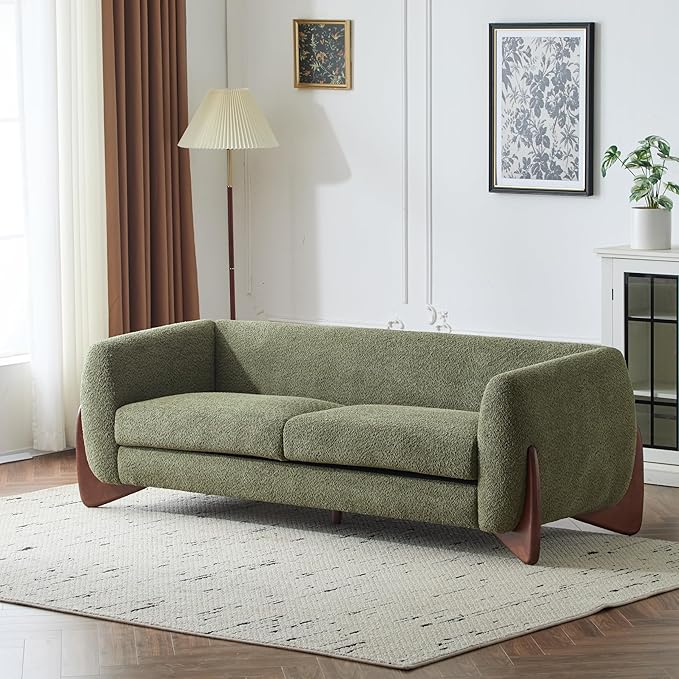 Merax 82 Inch Boucle Sherpa Sofa, Chenille Loveseat with Removable Cushions & Wood Legs, Modern Plush 3-Seater Couch for Living Room, Olive Green