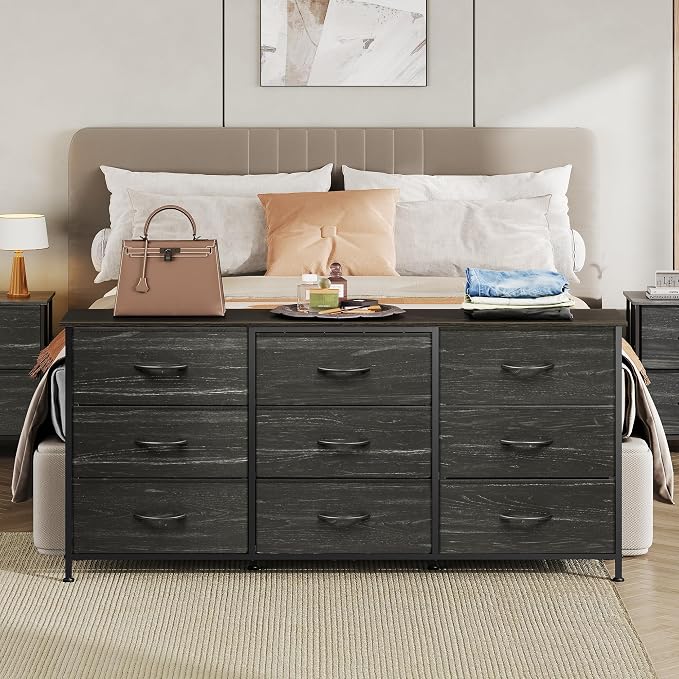 WLIVE 54''W Dresser for Bedroom, Black Dresser TV Stand for 55, 60, 65 inch TV, Wide Chest of Drawers with 9 Drawer, Large Entertainment Center, Fabric Dressers with Wood Top for Closet, Living Room - Image 2