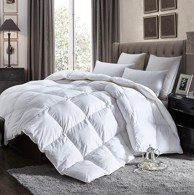 Luxurious California King Size Lightweight Goose Down Comforter Duvet Insert All Season, 1200 Thread Count 100% Egyptian Cotton, 42 oz Fill Weight, White Color