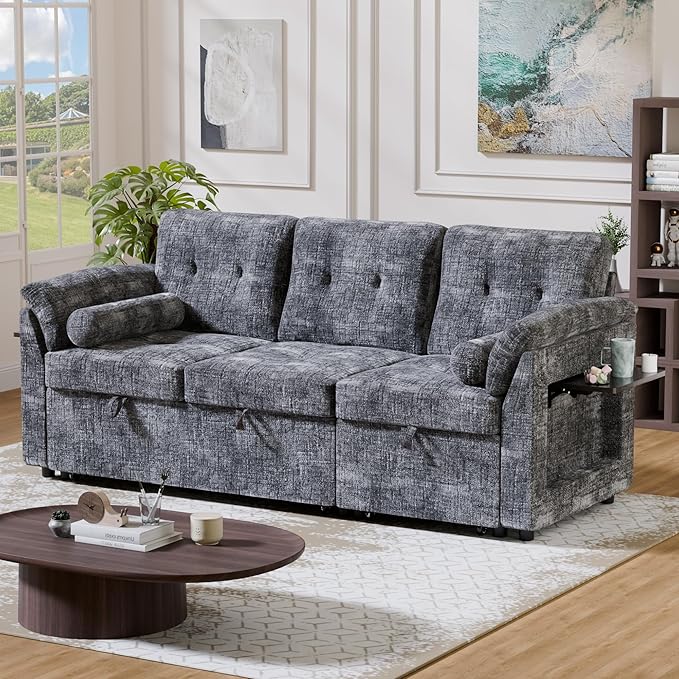 3 in 1 Convertible Sofa Bed, Chenille Pull Out Couch with Side Table, 3 Seat Pull Out Sofa Bed with Level Adjustable Backrest, Comfy Sleeper Sofas for Living Room, Apartment, Gray