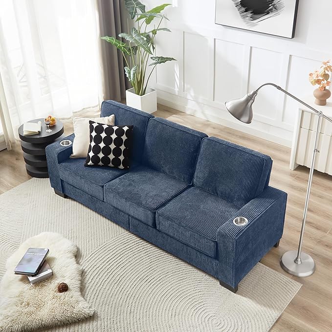 83" Modern Cloud Sofas for Living Room Bedroom, 3 Seat Modular Couch Soft Corduroy Upholstered Loveseat Couches with Cupholders for Home Apartment Office Studio