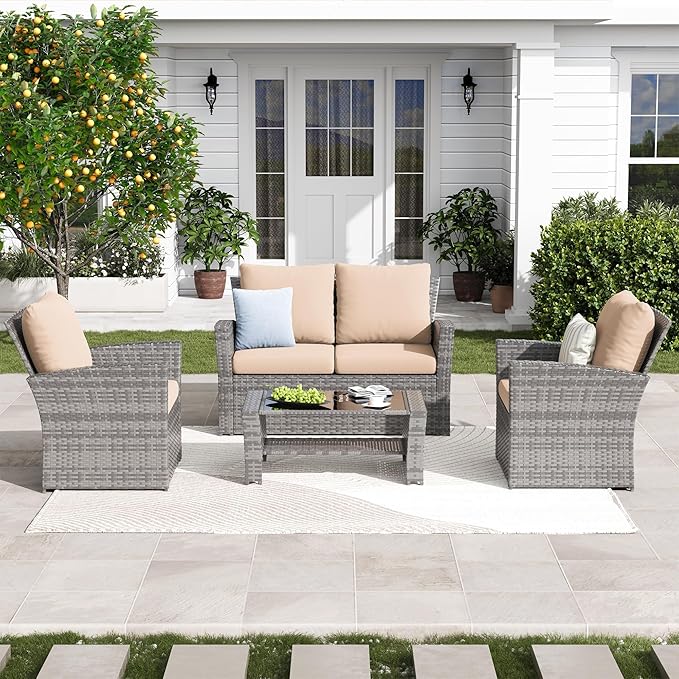 Amopatio 4 Piece Outdoor Wicker Patio Furniture Set, PE Rattan Sectional Sofa with Thick Cushions & Tempered Glass Table, Weather-Resistant Patio Conversation Sets for Balcony, Backyard, Beige