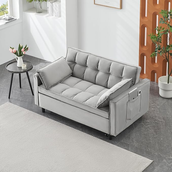 55" Modern Velvet Loveseat Sleeper Sofa, 3-in-1 Convertible Pull-Out Bed with Adjustable Backrest, 2 Pillows & Side Pockets, Small Pull Out Couch for Living Room, Apartment(Gray)