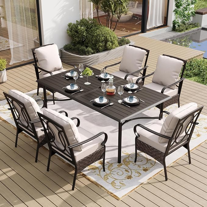 SUNSHINE VALLEY 7 Piece Patio Dining Sets for 6, Outdoor Table and Chairs with Cushioned Wicker Patio Dining Chairs & Black Dining Table (1.57-1.9”Umbrella Hole), Outdoor Dining Sets for Lawn Backyard by SUNSHINEVALLEY