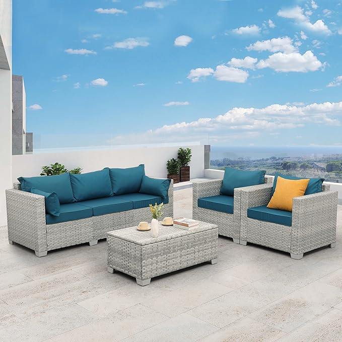 WAROOM Patio Furniture Set 4 Piece Outdoor Wicker Conversation Sets PE Rattan Couch Sectional Sofa with Storage Table, Peacock Blue Cushion
