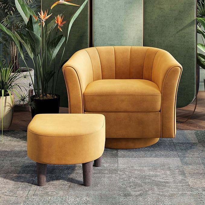 LINSY Swivel Accent Chair Ottoman Set: Velvet Larege Barrel Chair with Foot Rest, Modern Reading Chair Upholstered Armchair with Footrest for Living Room Bedroom Study Room Office (Yellow)