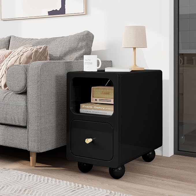 Solid Wood Nightstand, Narrow Night Stand with Drawers, Black Mid Century Modern Nightstand, Small Bedside Table with Open Storage Shelf for Bedroom (10 Inch) - Image 8