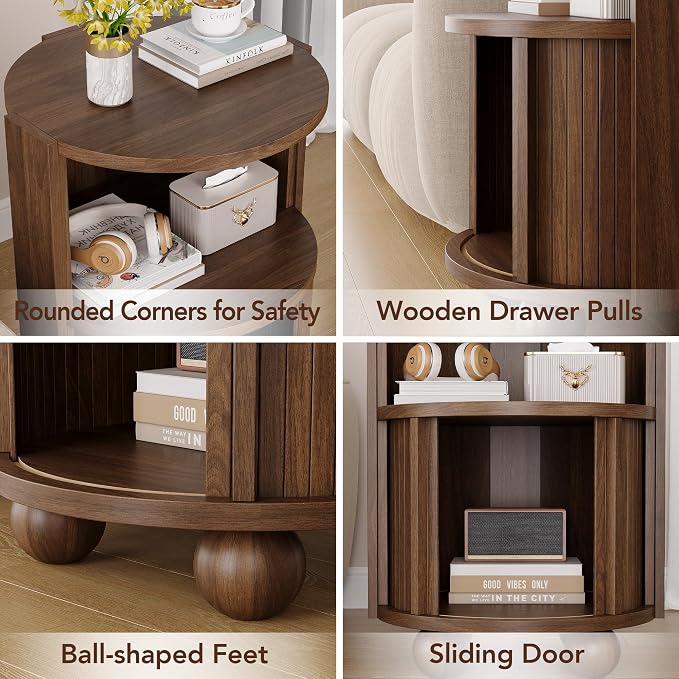 Decofy Modern Round Nightstand with Sliding Doors and 2 Storage Shelves, Modern Bedside End Table,Suitable for Bedroom (Walnut) - Image 5