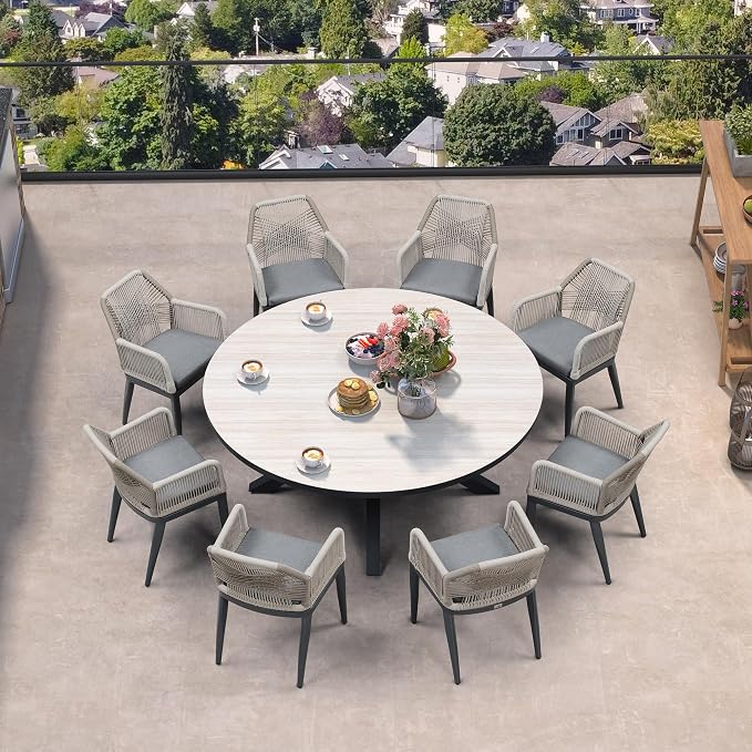 PURPLE LEAF 9 Pieces Patio Round Dining Set Aluminum Round Table and Rattan Arm Chairs with Cushions for Kitchen Porch Garden Modern Outdoor Furniture Sets, Beige and Dark Grey - Image 2
