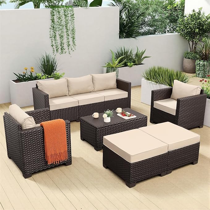 6 Pieces Patio Outdoor Furniture Outdoor Conversation Sets Wicker Sofa Set with Outdoor Couch Patio Chairs Storage Coffee Table Khaki Cushions Waterproof Covers