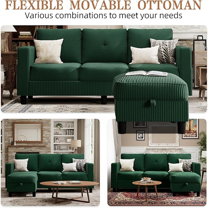 Shintenchi 76" Modern Upholstered Sectional Sofa, L-Shaped Couch with Storage Ottoman and Reversible Chaise for Living Room, Green Linen Fabric