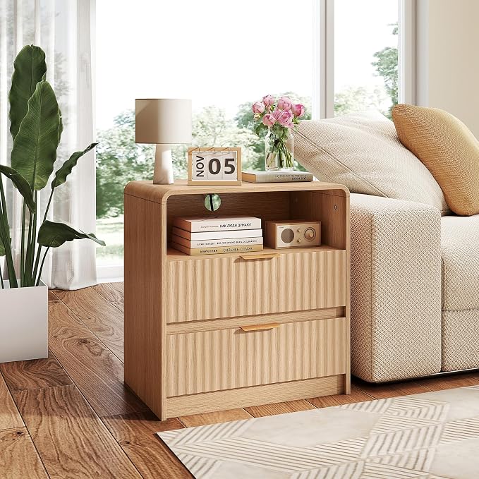 Fluted Nightstand, Bedside Table with Charging Station, Wooden End Table with 2 Drawers Storage and 1 Open Shelf, Modern Night Stand for Bedroom, Wood Dresser for Natural Oak by LIMIRIX