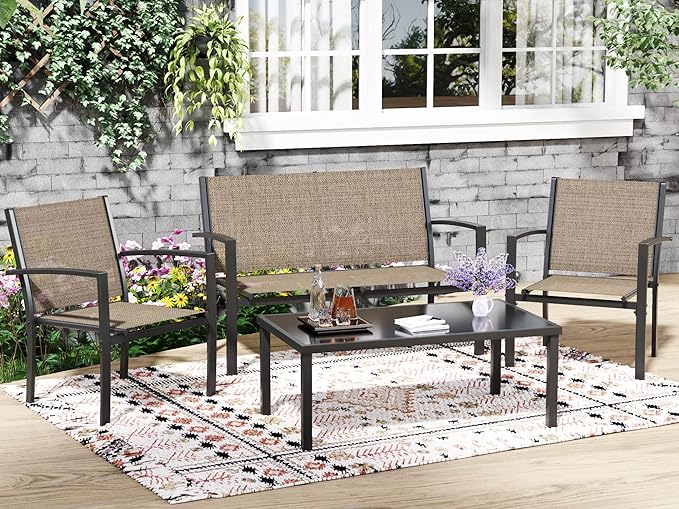 Greesum GS-LCT4PCSBN 4 Pieces Patio Furniture Set Outdoor Conversation Textilene Fabric Chairs for Lawn, Garden, Balcony, Poolside with A Glass Coffee Table, Brown