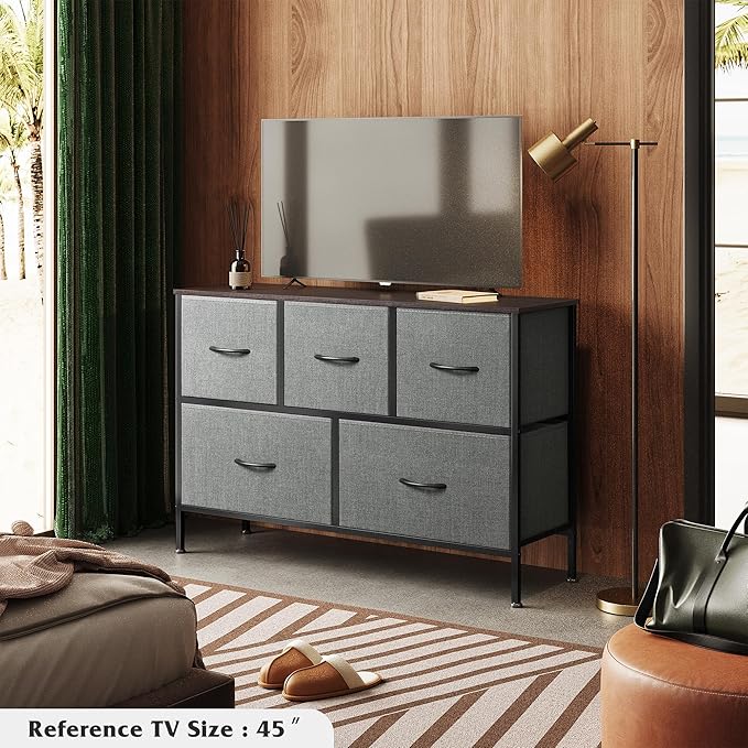WLIVE Dresser for Bedroom with 5 Drawers, Long Storage Tower Organizer Unit, Fabric Dresser, Storage Drawer Unit with Fabric Bins for Closet, Hallway, Dark Grey, Size L - Image 2