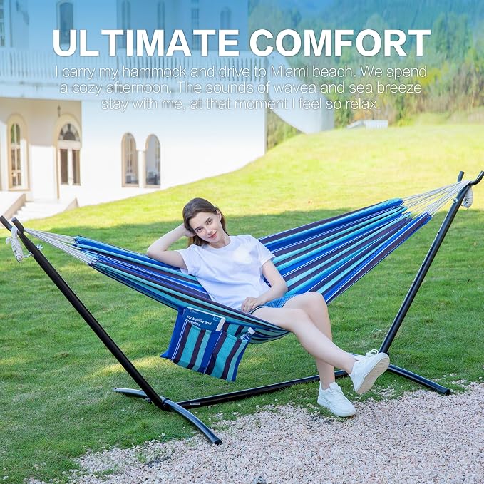 PNAEUT Double Hammocks with Stand for Outside, Portable Space Saving Heavy-Duty Steel Stand for Indoor Outdoor Patio with Carrying Bag, 450 lbs Capacity (Blue Lagoon) - Image 2