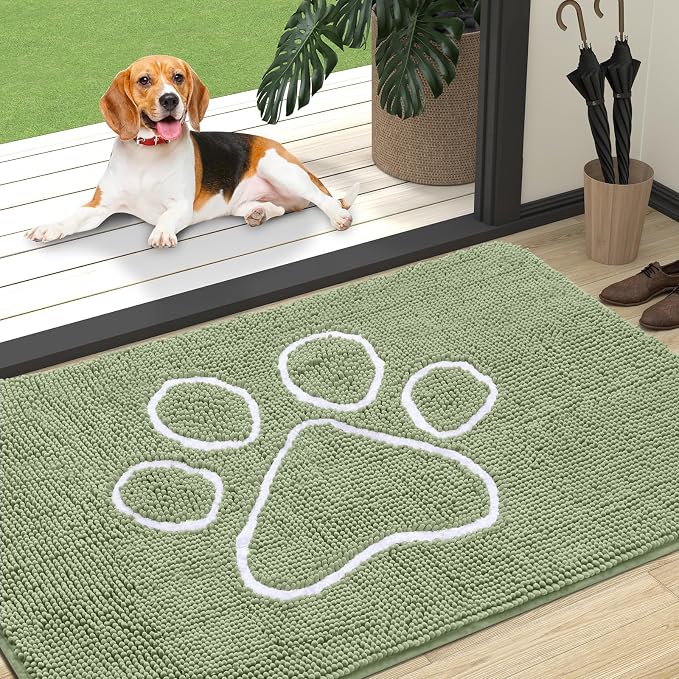 OLANLY Dog Door Mat for Muddy Paws 47x32, Paw Print Design, Absorbs Moisture and Dirt, Non-Slip Washable Doormat, Quick Dry Chenille Mud Mat for Dogs, Entry Indoor Entryway Carpet, Sage Green by OLANLY