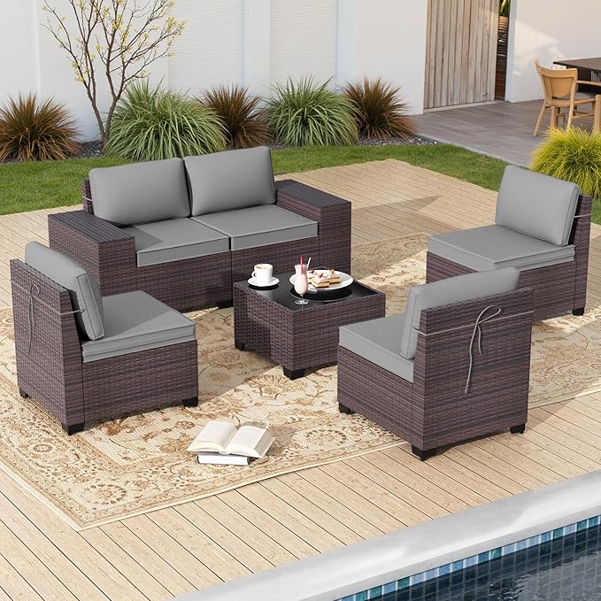 Gotland 6 Pieces Patio Furniture Set with 1 Coffee Table, 5 Seater Rattan Outdoor Sectional with Wide Armrests 29.5'' High Backrest Thick Waterproof Cushions, Conversation Sets for Deck Garden Gray