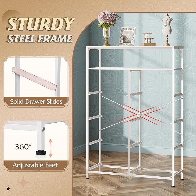WLIVE Fabric Dresser for Bedroom with Open Shelves, Tall White Dressers with 8 Drawers, Storage Tower with Fabric Bins, Chest of Drawers for Closet, Hallway - Image 8
