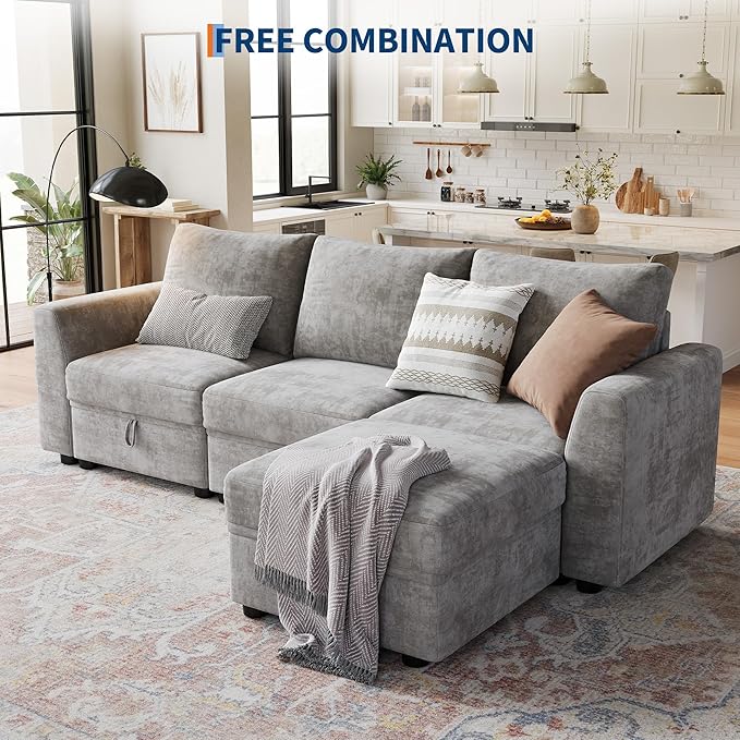 L-Shape Sectional Sofa with Storage, 108" Modular Cloud Couch, 4-Seater Sofa Bed with Ottoman, Chenille Fabric with Hidden Storage for Small Spaces(Gray 4-Seater)