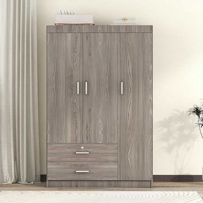 LZ LEISURE ZONE 3 Doors Wardrobe Armoire Closet, Large Freestanding Armoire Wardrobe Cabinet with 2 Drawers, Bedroom Clothes Storage Cabinet Organizer, Wood Grain Effect in Gray