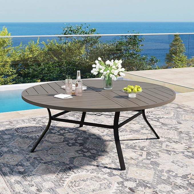 DIFY 11 Pieces Outdoor Patio Dining Set for 10, 63" Grey Wood-Like Round Metal Patio Table and 10 Grey Stackable Textilene Patio Chairs, Outdoor Table and Chairs for Backyard Garden Poolside - Image 2