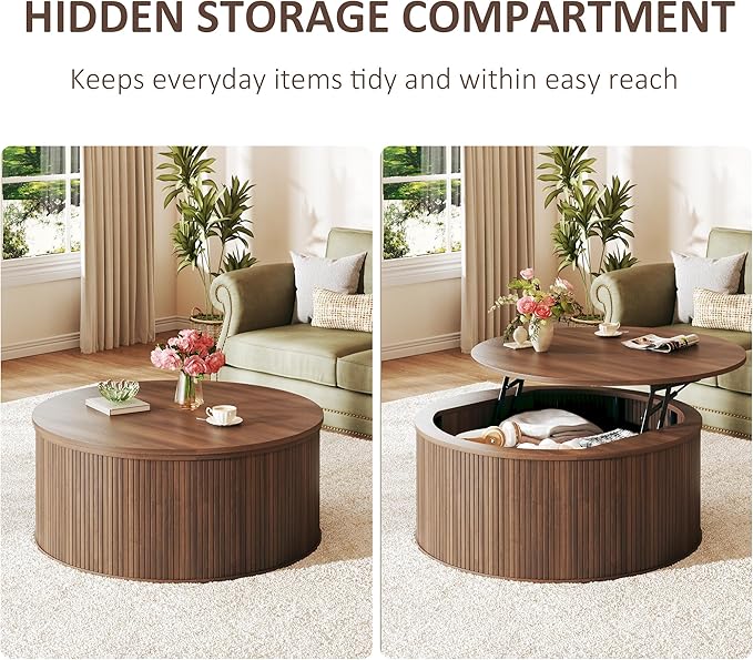 Round Coffee Table with Storage, 31.5" Lift Top Coffee Table, Mid Century Modern Coffee Tables for Living Room, Apartment Office, Fluted Table with Rustic Wood Desktop, Walnut