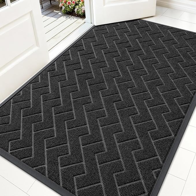 OLANLY Front Door Mat Indoor Outdoor Entrance, Waterproof All-Season, All-Weather Doormat, Sturdy Natural Rubber, Low Profile, Easy Clean Patio Porch Entryway Mat, Herringbone Brick (Black, 59x35) by OLANLY