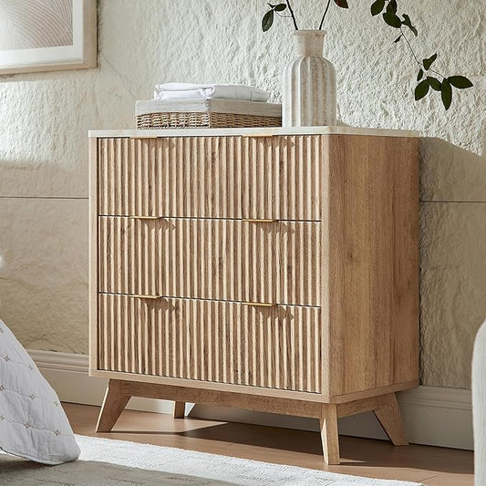 T4TREAM Fluted 3 Drawer Dresser, 32" Tall Modern Chest of Drawers with Faux Marble Top, Curved Profile Design, Wood Drawer Organizer for Bedroom, Living Room, Hallway, Entryway, Natural Oak by T4TREAMFurniture
