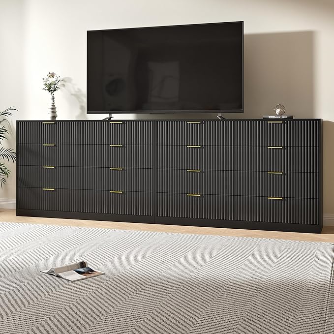 Black Dresser Set of 2, Large Dresser for Bedroom Wooden with 16 Drawers, Fluted Modern Bedroom Furniture Set, TV Stand Dressers & Chests of Drawers for Closet (15.7" D x 110.2" W x 36" H)