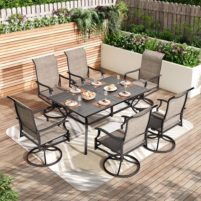 PHI VILLA 7 PCS Patio Dining Set, Outdoor Table & Chairs Set with Large Metal Table & 6 High Back Padded Outdoor Swivel Armerest Chairs, Patio Dining Furniture Set for Patio, Lawn, Garden, Porch by PHIVILLA
