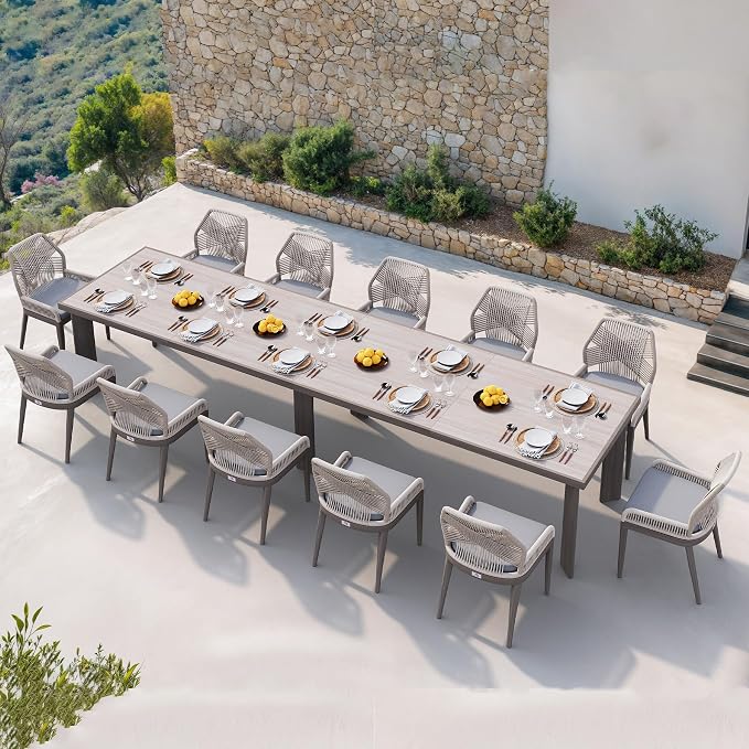 PURPLE LEAF 13 Pieces Patio Dining Set Aluminum Rectangular Table and Wicker Chairs with Cushions for Kitchen Porch Garden Modern Outdoor Furniture Sets, Light Grey by PURPLELEAF