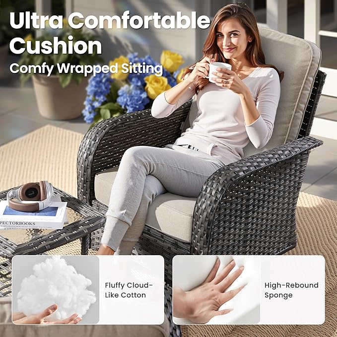 ovios 5-Piece Patio Furniture Set, Outdoor Wicker Sofa with Swivel Chairs Coffee Table, High Back Rattan Couch Loveseat with Comfy Cushions for Porch Yard Deck, Beige