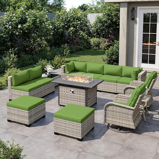 13-Piece Outdoor Patio Furniture Set with Rocking Swivel Chair, Wicker Rattan Sectional Sofa Conversation Set with 55,000 BTU Fire Pit Table with Ottomans, Backyard Furniture, Avocado Green