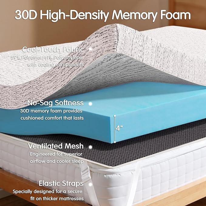 Hokway 4 Inch Memory Foam Mattress Topper with Mosaic Cover Memory Foam Calking Mattress Pad Bed Topper Ventilated High Density Pad, CertiPUR-US Certified