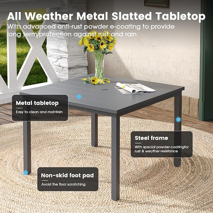 DIFY 5 Pieces Outdoor Dining Table Chair Set, Patio Dining Set with 1 Grey Metal Square Table with Umbrella Hole & 4 Grey Stackable Curved Armrests Chairs for Lawn, Garden, Porch - Image 3