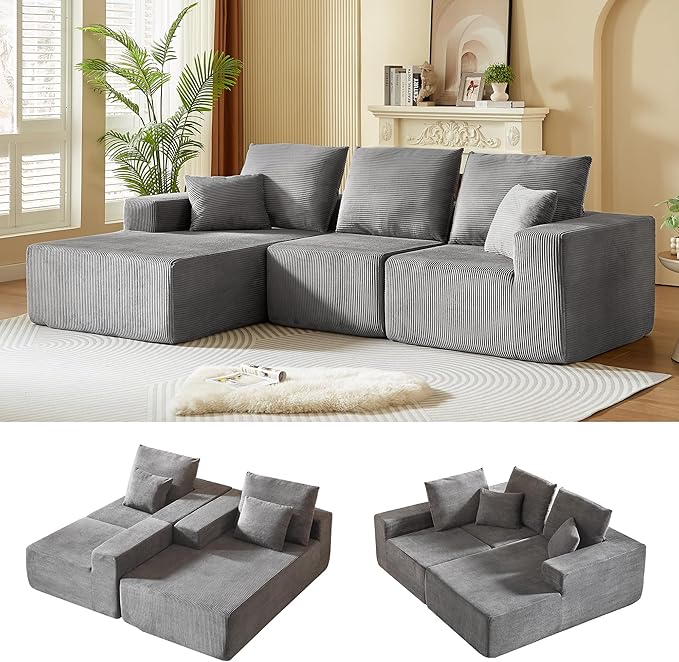 109.4" Oversized Modular Sectional Sofa with Chaise, Convertible L Shaped Cloud Couch with Deep Seat, 35D Full Foam Compressed Boneless Couches for Living Room, Bedroom, Office, No Assembly Required