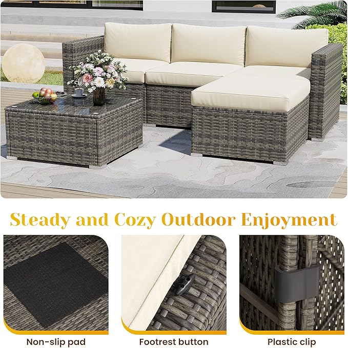 SUNVIVI OUTDOOR Outdoor Patio Furniture Set, 5 Piece Patio Conversation Set, Waterproof Wicker Patio Furniture Set, All Weather Combination Patio Conversation Sets with Cushions and Glass Table, Beige