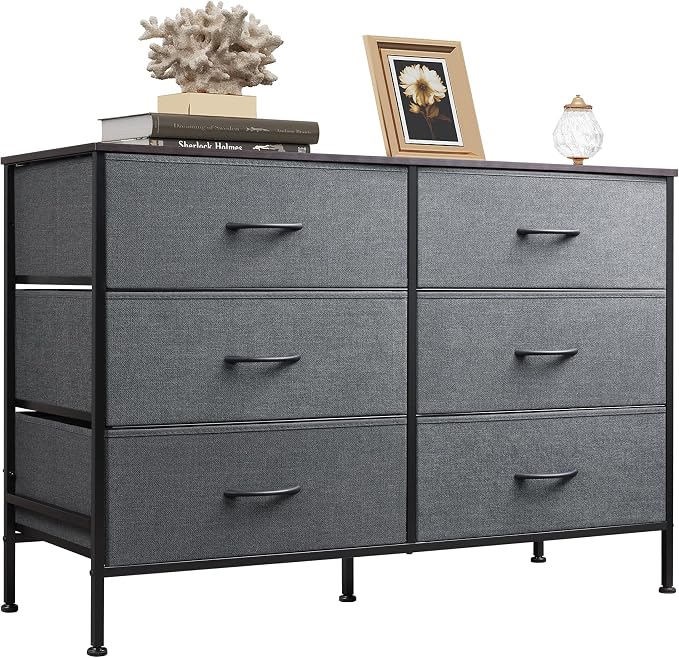 WLIVE Dresser for Bedroom with 6 Drawers, Wide Dresser TV Stand for 50 Inches TV, Grey Dresser with Metal Frame, Wooden Top, Fabric Dressers for Bedroom, Living Room, Hallway, Dark Grey by WLIVE