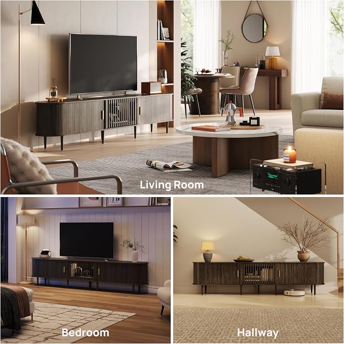 94.5" Fluted Mid Century Modern TV Stand for TVs Up to 80/85/86/90/98/100", Tambour Sliding Doors Entertainment Center with Storage&LED, Curved Media&TV Console Long TV Stands for Living Room, Walnut - Image 6