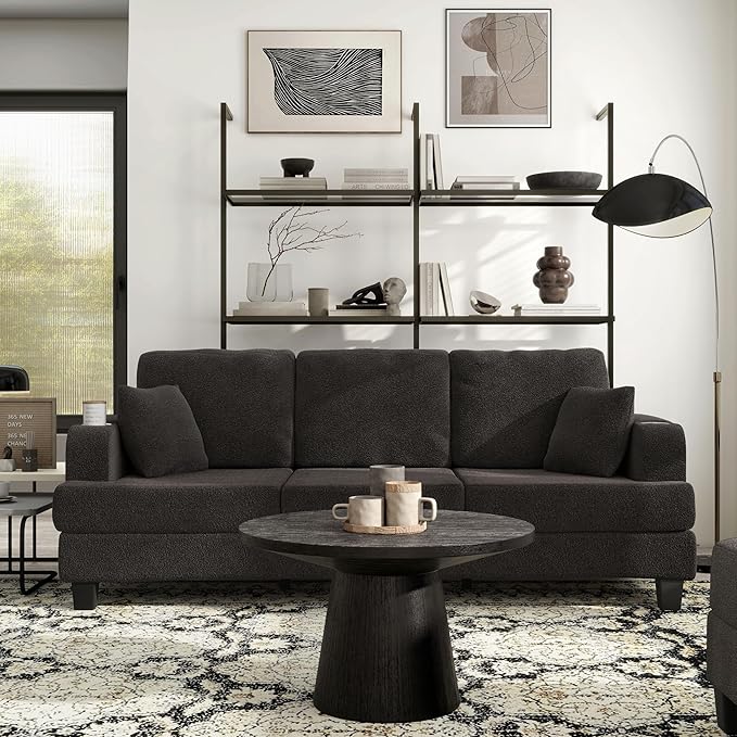 Homes: Inside + Out Reese Modern Plush Boucle Couch with Side Pockets, Cup Holders and USB Ports, Wooden Comfortable Sofa for Living Room, Bedroom and Office, Dark Grey