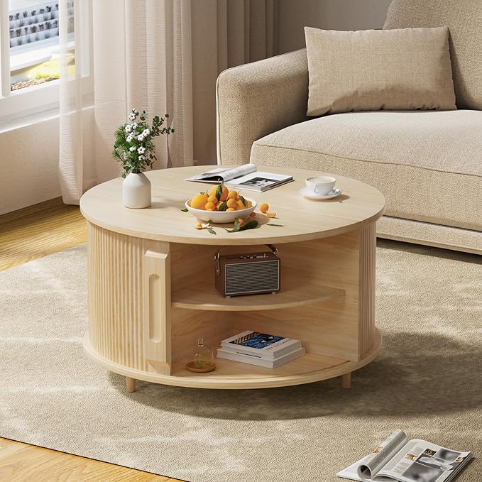 Round Lift Top Coffee Table, 31.5" Fluted Wood Accent Coffee Table with 180° Curved Sliding Door, Hidden Storage, Mid Century Modern Center Table for Living Room Office Small Spaces, Oak